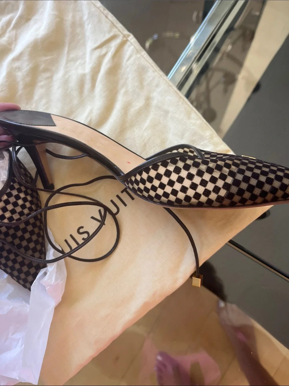 Louis Vuitton Black & Brown Damier Pointed Lace-Up Mules